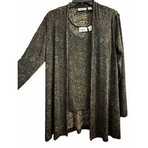 Chicos Travelers Cardigan Tank Set Sz 1 Brown Black Damask Broken Button